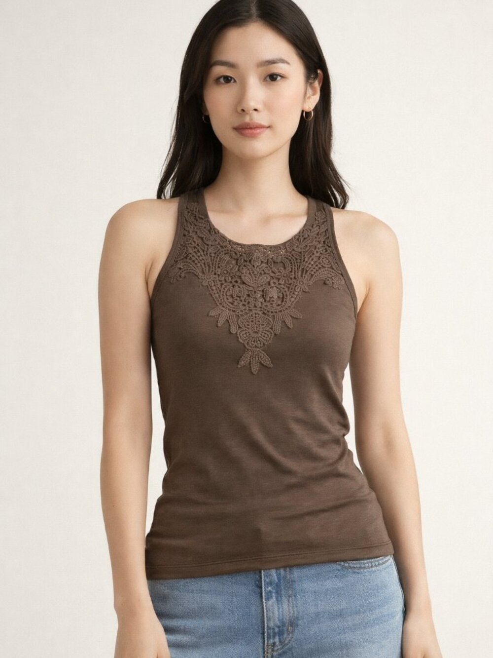 Uniqlo - Brown Sleeveless Top Racer Back Motif Lace - M
